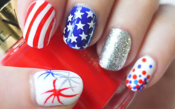 Red, White, and Blue Sparkling Fireworks, stars and Stripes Nail: I love that how my favorite patterns like the stars , stripes, polka dots, fireworks and sequins are mixed to give a sparkling look. 