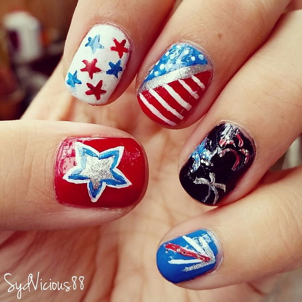 Patriotic Firework Inspired Nail: This festive 4th of July Fireworks nail art makes something memorable to bring to the big elaborate fireworks display!