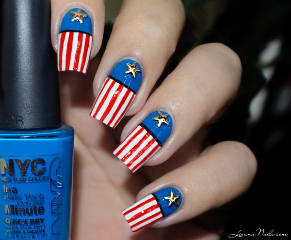 Patriotic American Long Nails: We're obsessed with the fresh color scheme and the star arrangements as a more interpretive take. This is a great 4th of July nails look that is all you, but totally shows your spirit. See the tutorial  