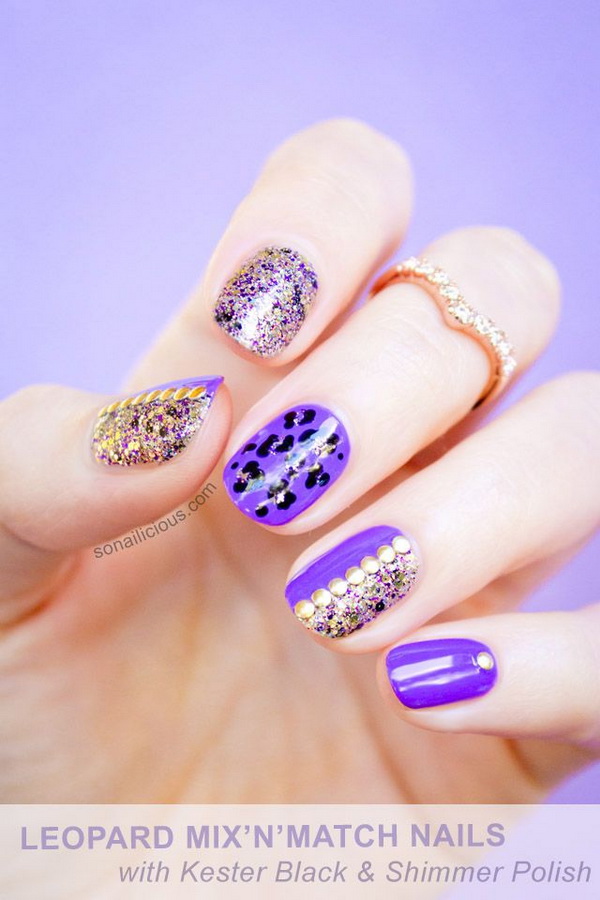 Leopard Print Purple Glitter Nails. 