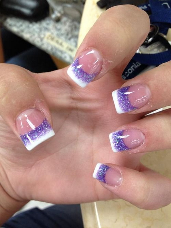 Glitter Purple and White Tips French Nails. 