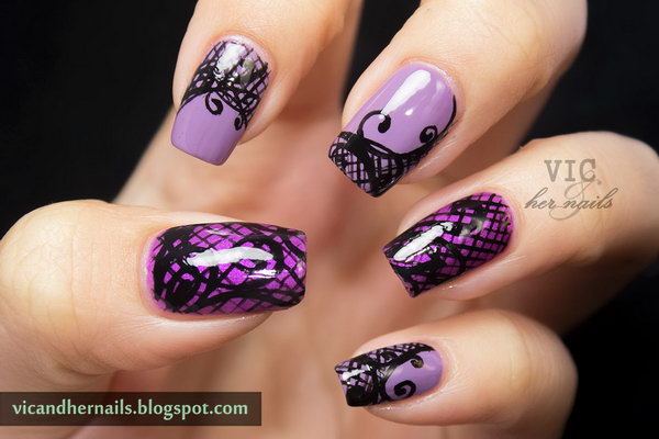 Purple Webbing and Swirls Nail Art. 