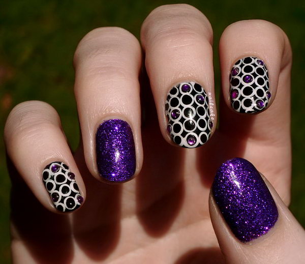 Circles and Rhinestones with Nubar Violet Sparkle Nail Art. 