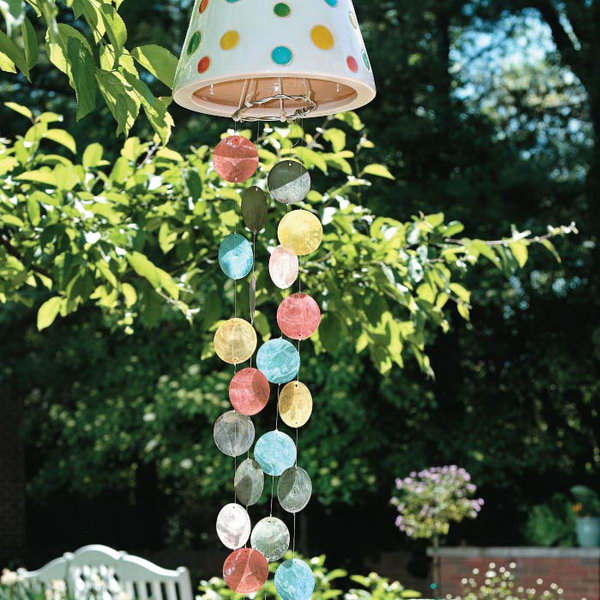 DIY Colorful Wind Chime Made with Glass Shells and Inverted Flower Pot. Get the tutorial  