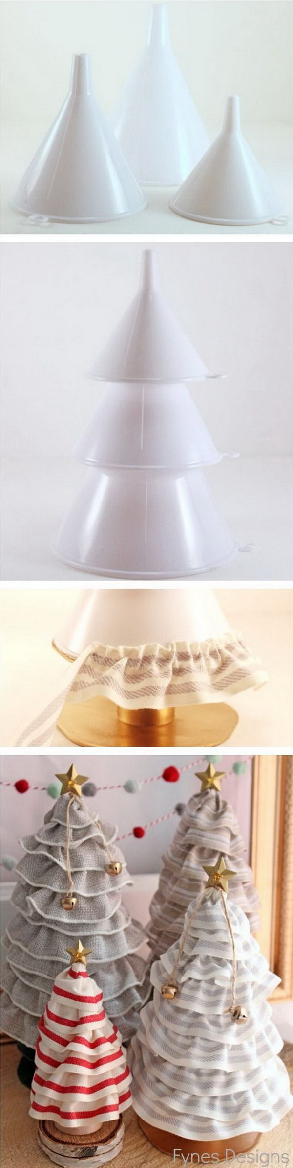 DIY No-sew Ruffle Ribbon Christmas Tree Cones. 