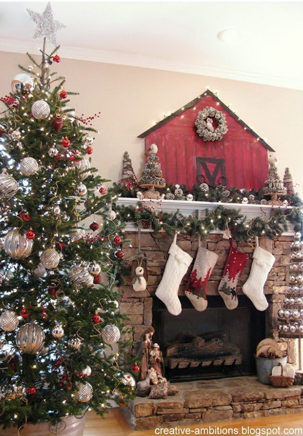 Rustic Mantel with Pinecones, Green Garland and Pallet Board 