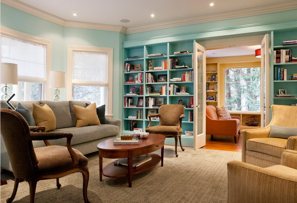 Blue Painting Living Room with Bookshelf. 