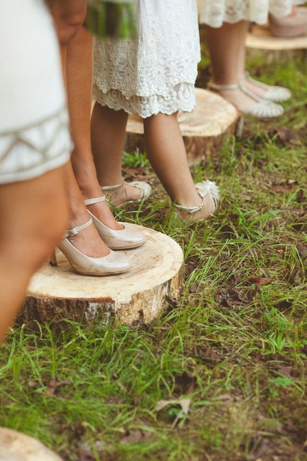 Wood Slices for Bridesmaids to Stand on for No Heels Stuck in the Dirt 