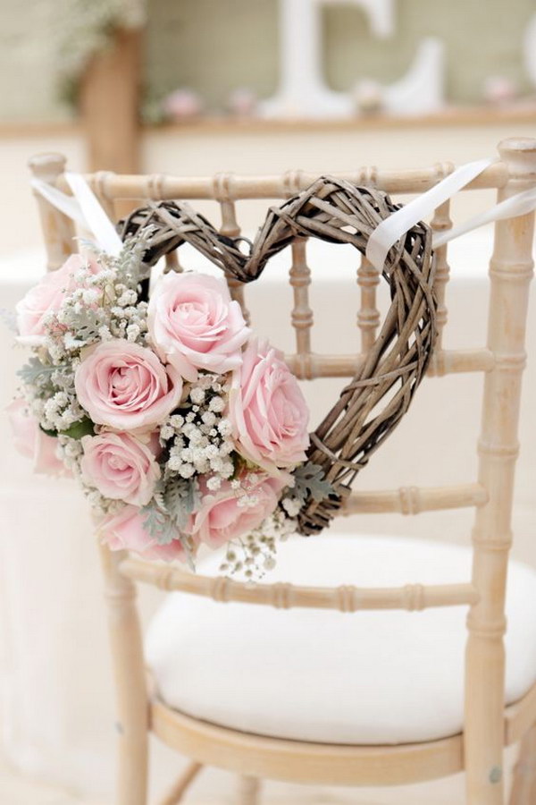 Gorgeous Wedding Chair Decorations With Pink Roses And Heart Shaped Wreath