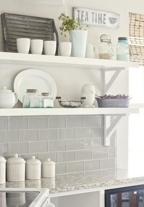 Subway Tile Kitchen Backsplash Images gray glass subway tile backsplash with openshelving