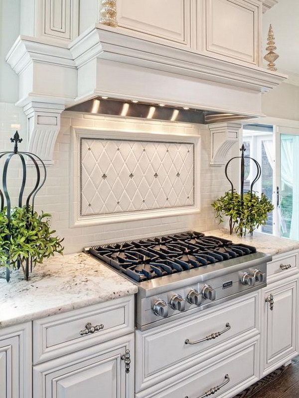 Minimalist White Kitchen Cabinets With Silver Backsplash with Simple Decor