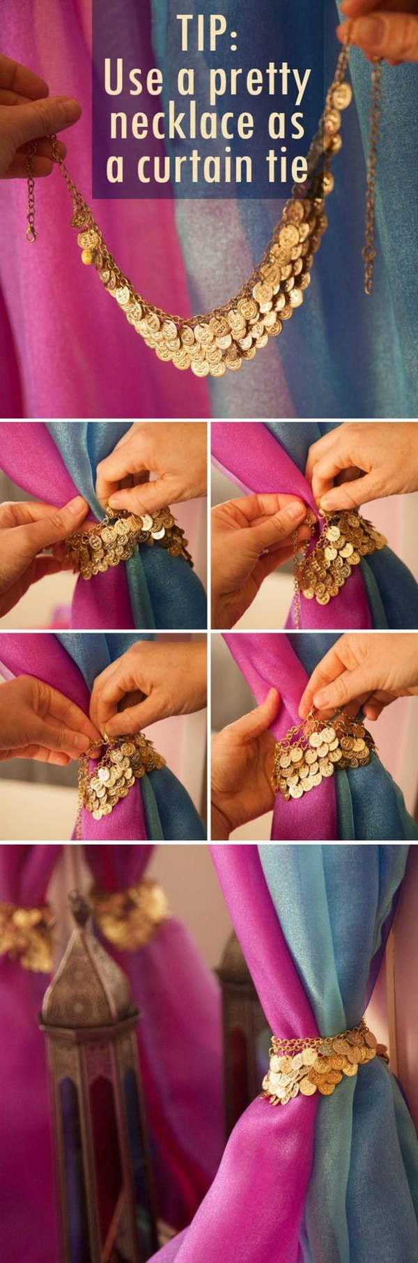 DIY Dresser Mirror Curtain With A Pretty Necklace. 