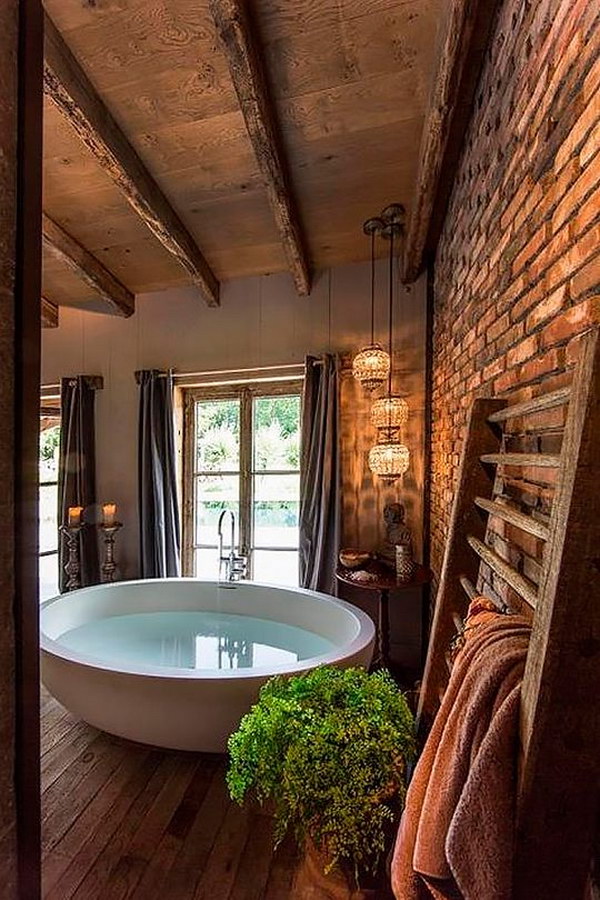 bathroom rustic farmhouse ceiling brick wooden wood modern floor floors barn ceilings flooring hative bath bathtub unique middle exposed round