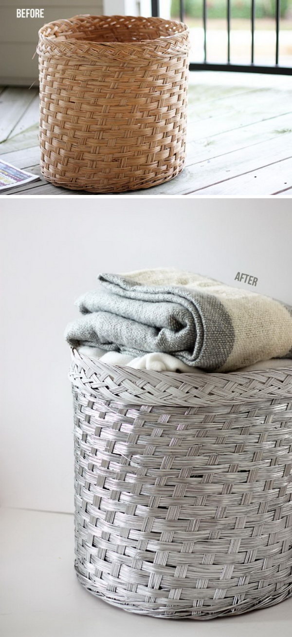 Silver Spray Painted Wicker Basket. 