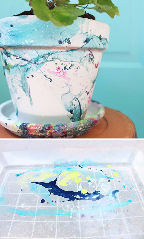 DIY Nail Polish Marbled Flower Pot. 