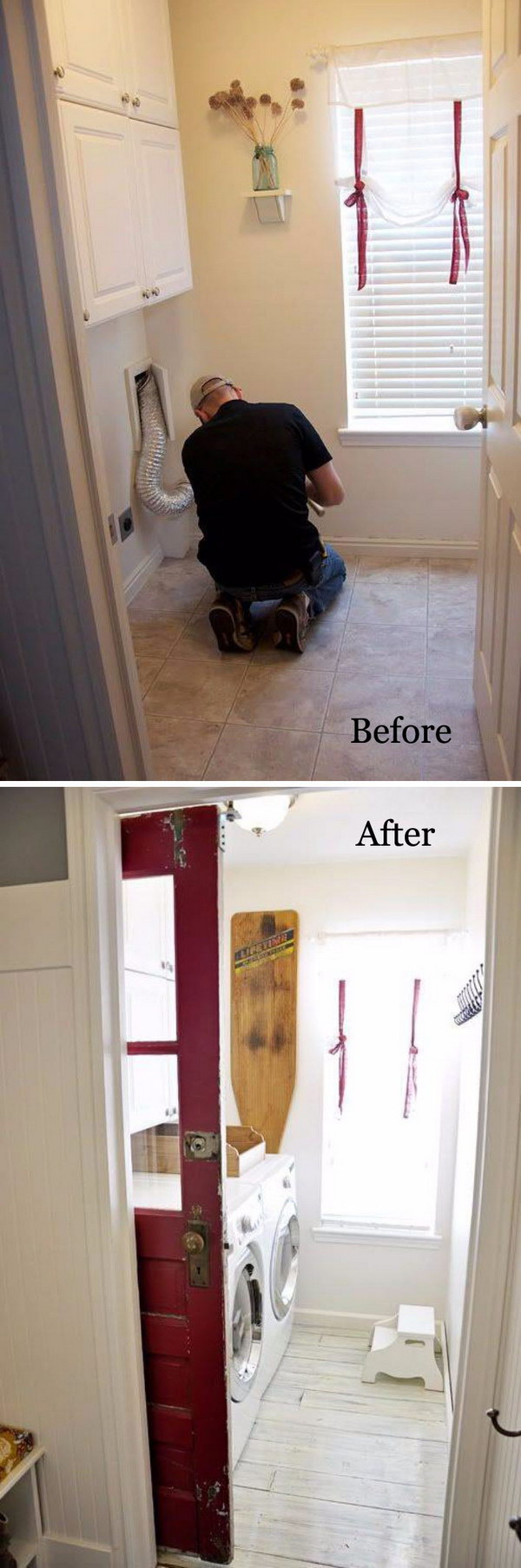 Budget Friendly Laundry Makeover with Whitewashed Floors Paired with a Vibrant Sliding Door. 