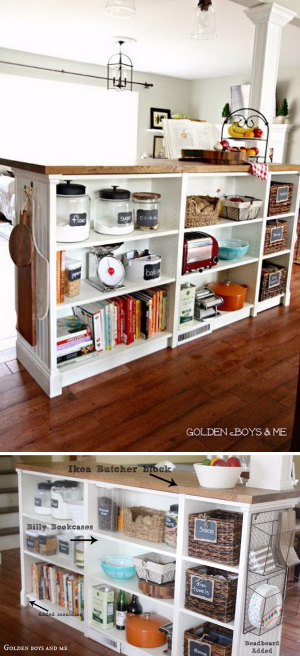 IKEA Hack Billy Bookshelves Kitchen Island Storage with Butcher Block. 