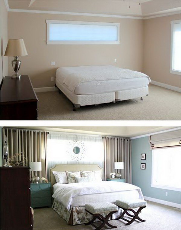 Use Wall curtains to frame the bed even if there's no windows!