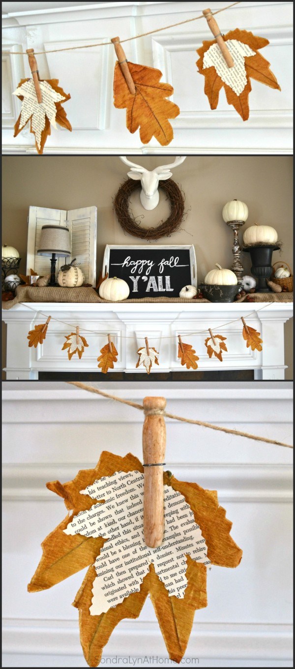 Fall Banner With Book Page Leaves for Mantel Decoration. 