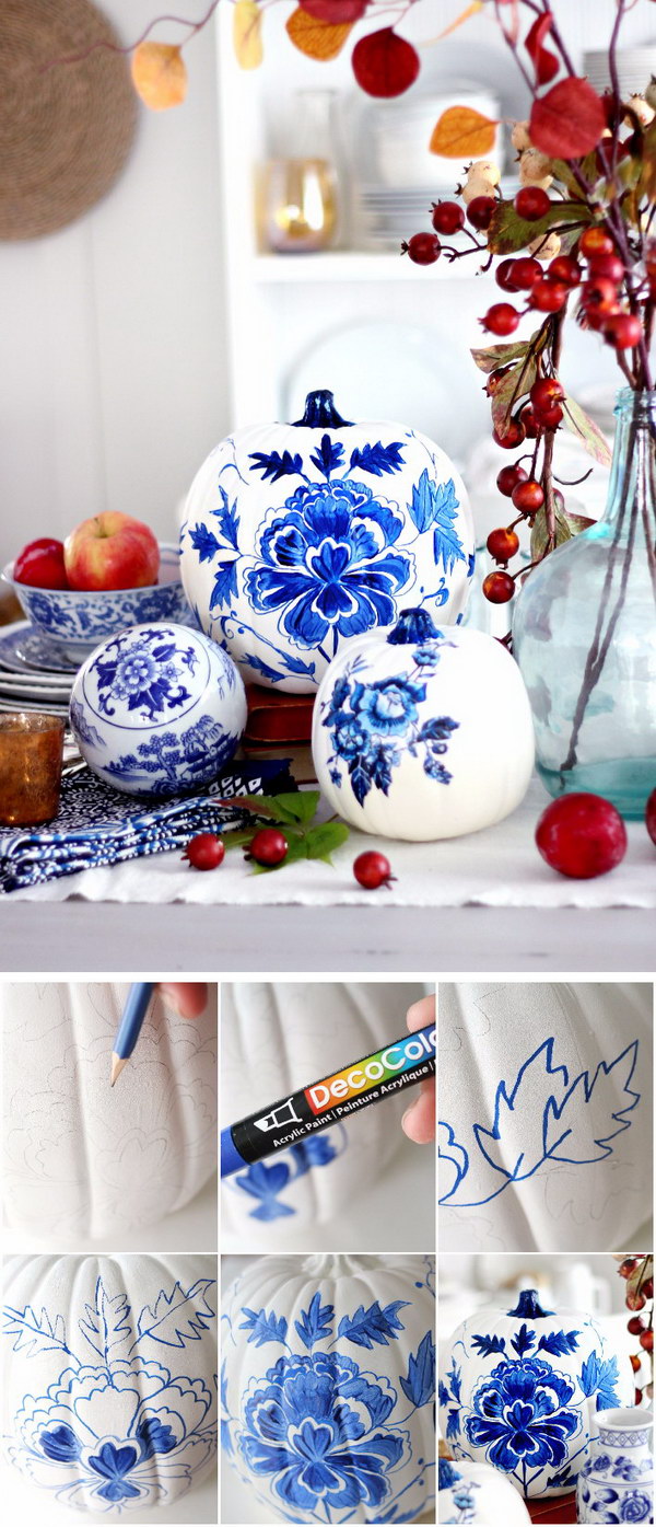 Blue Porcelain Painted Pumpkin. 