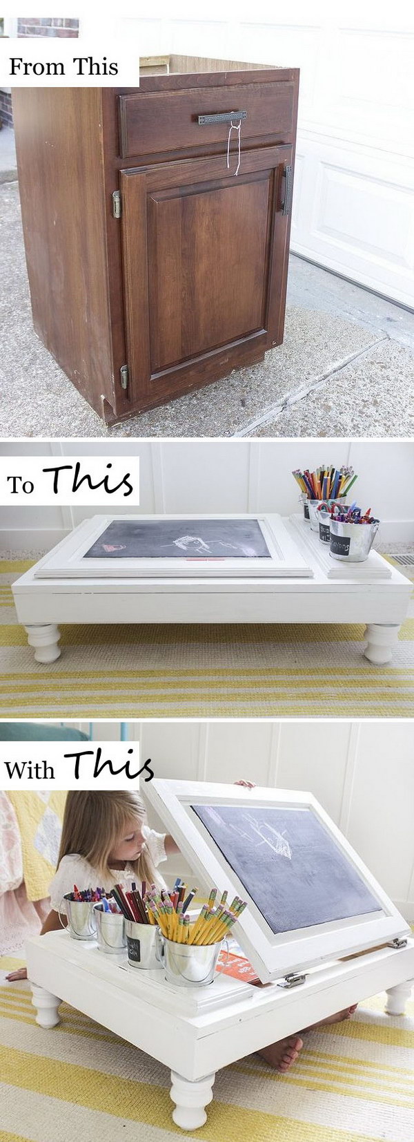 Kitchen Cabinet Into a Child’s Desk. 