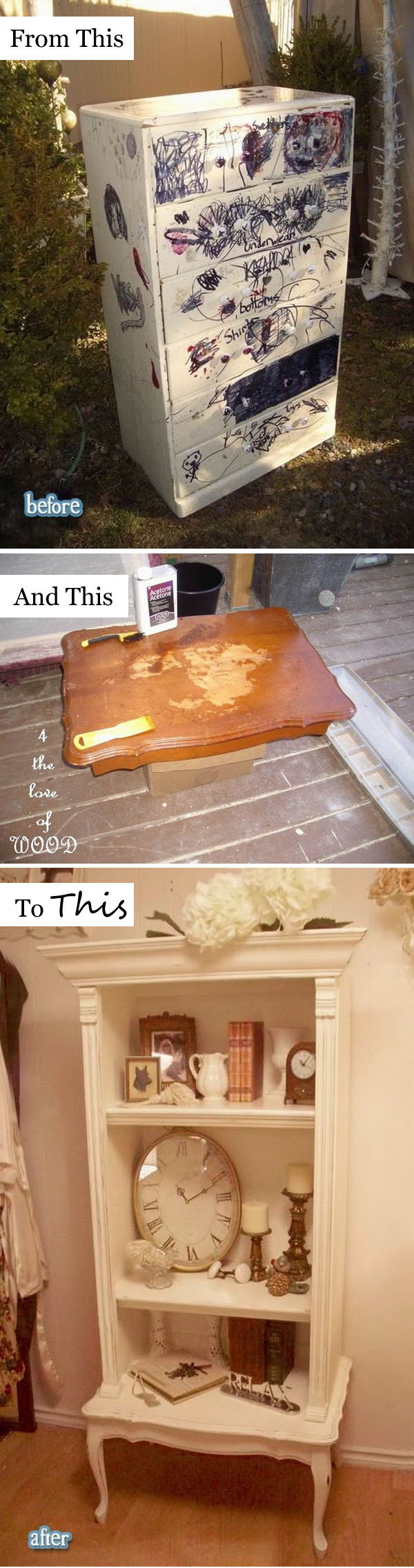 DIY French Book Shelf From A Frightening Dresser. 