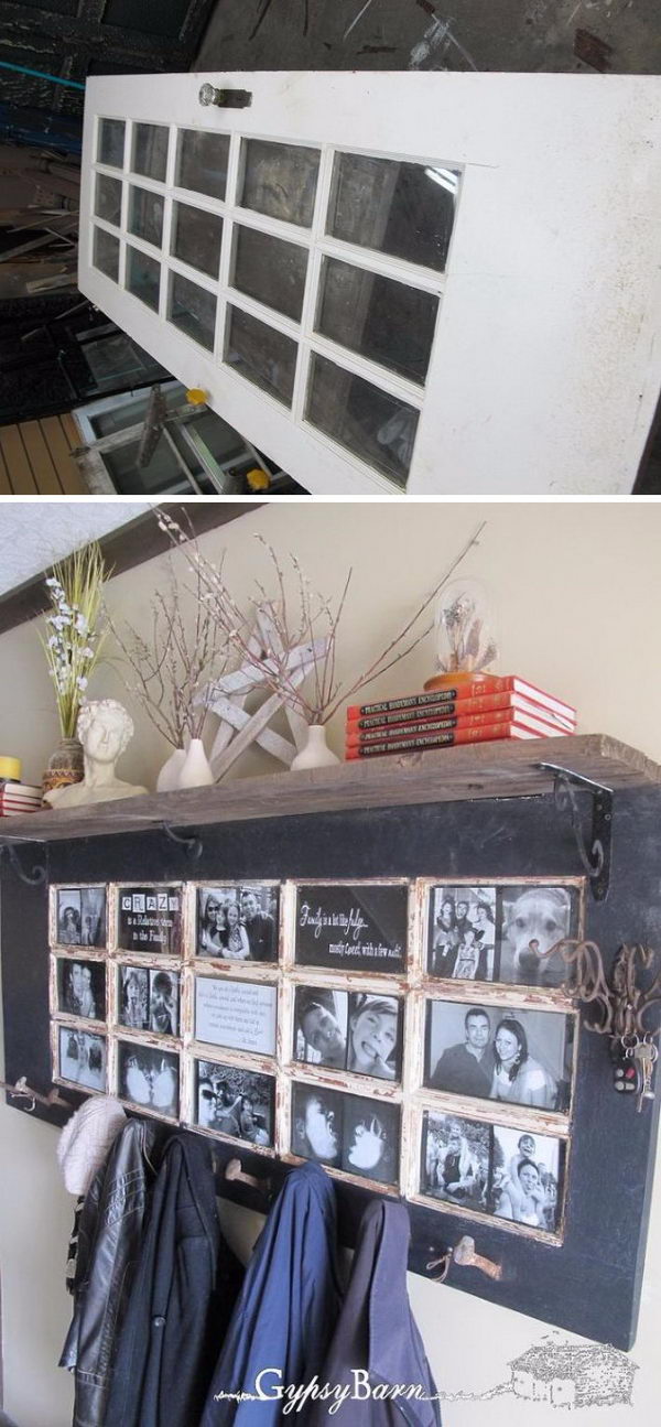 Old Door Coat Rack With Photographs in The Window Panes. 