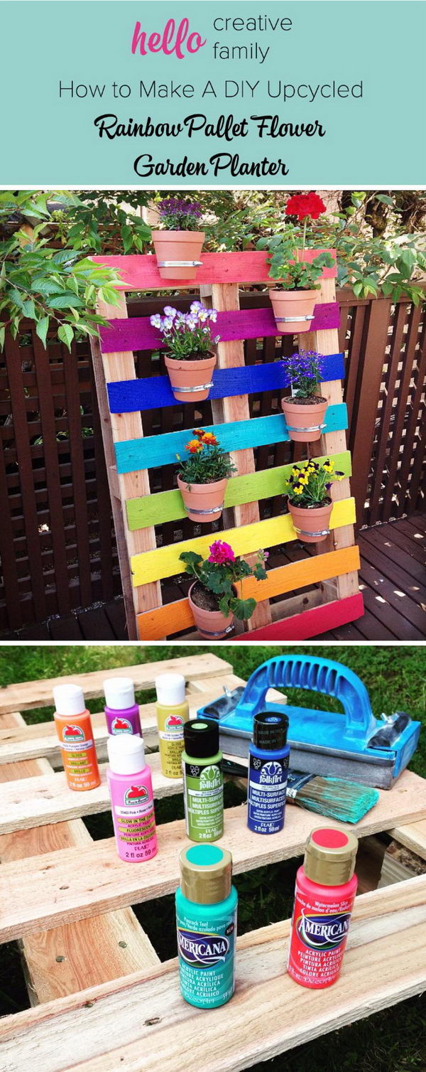 DIY Rainbow Pallet Planter. 