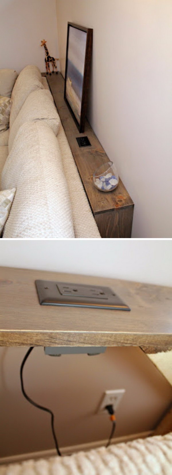 This DIY sofa table has a built-in outlet which allows you plug in your electronics easily. 