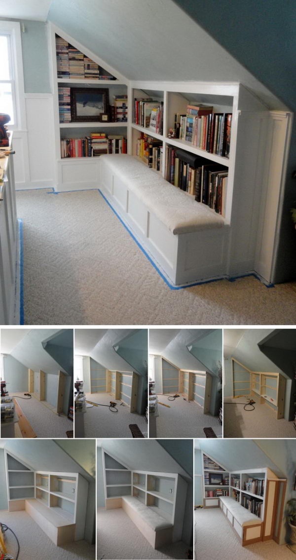 bookshelf and a attic with boxes