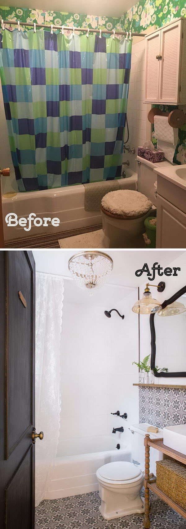 Pep Up a White Bathroom With Vibrant Accessories-Patterned Tiles, Vintage Light Fixtures and Vanity. 