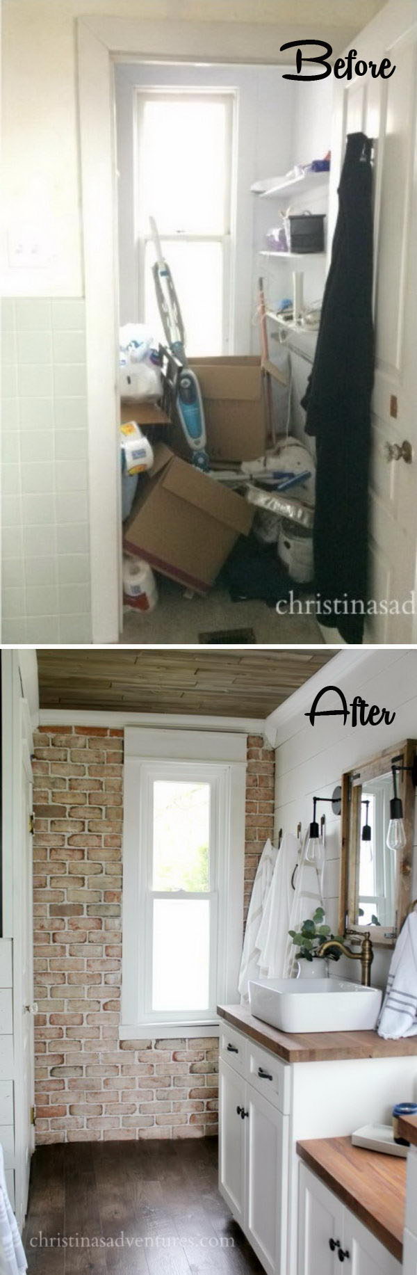 Farmhouse Bathroom Makeover with a DIY Brick Veneer Wall. 