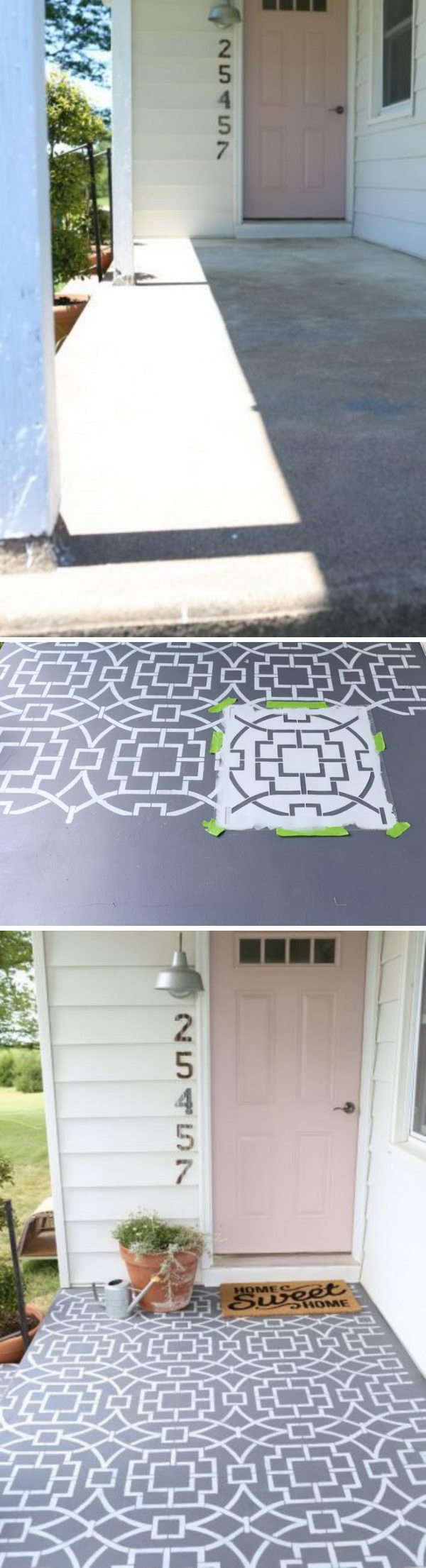 Stencil Your Concrete Front Floor to Create a Cement Tile Look. 