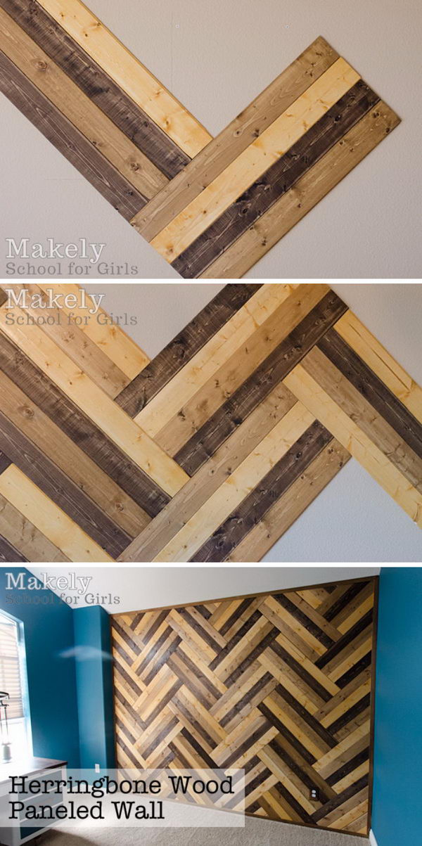 DIY Herringbone Wood Paneled Wall. 