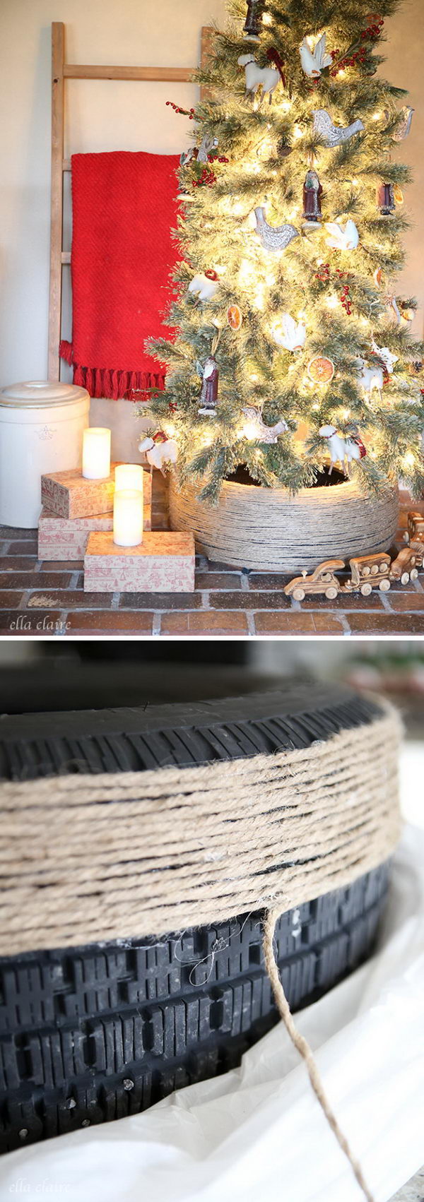 Jute Wrapped Repurposed Tire DIY Christmas Tree Stand. 