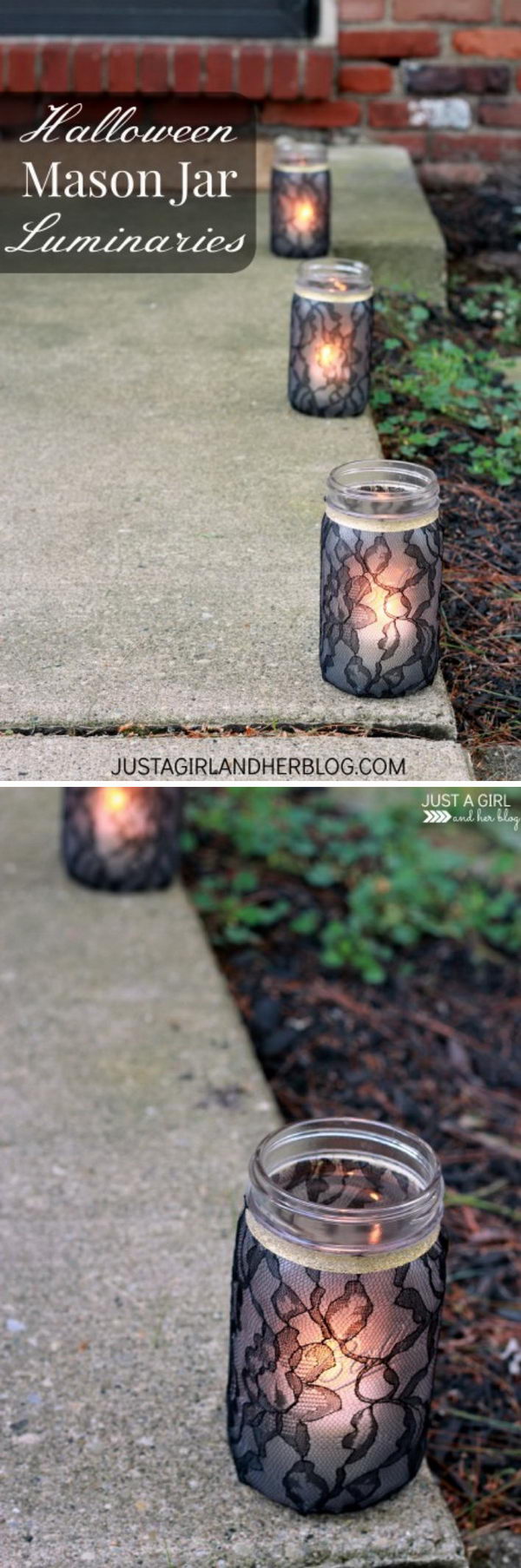 Halloween Black Lace Covered Mason Jar Luminaries. 