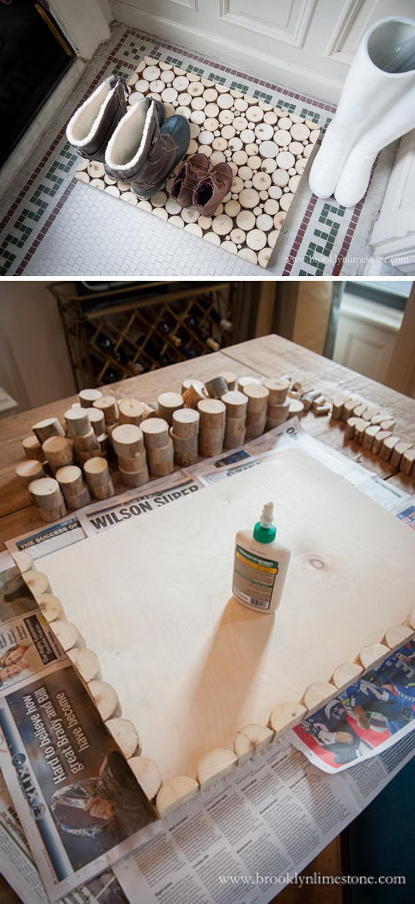 DIY Wood Slice Door Mat Boot Tray. 