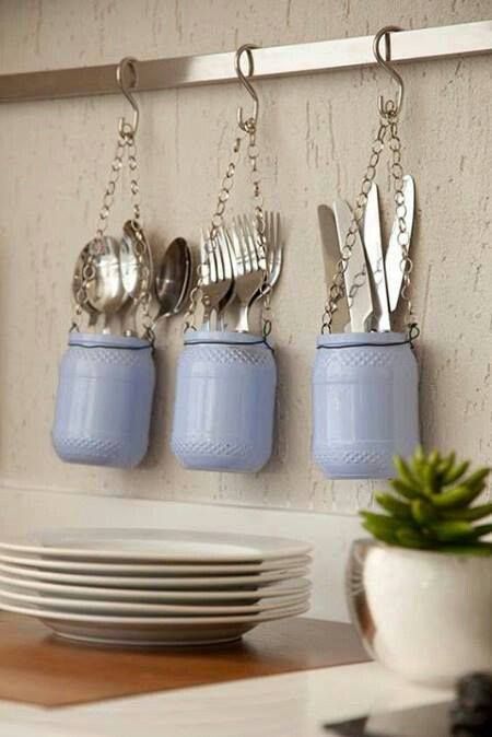 Hanging Kitchen Utensil Holders Using Mason Jars. 