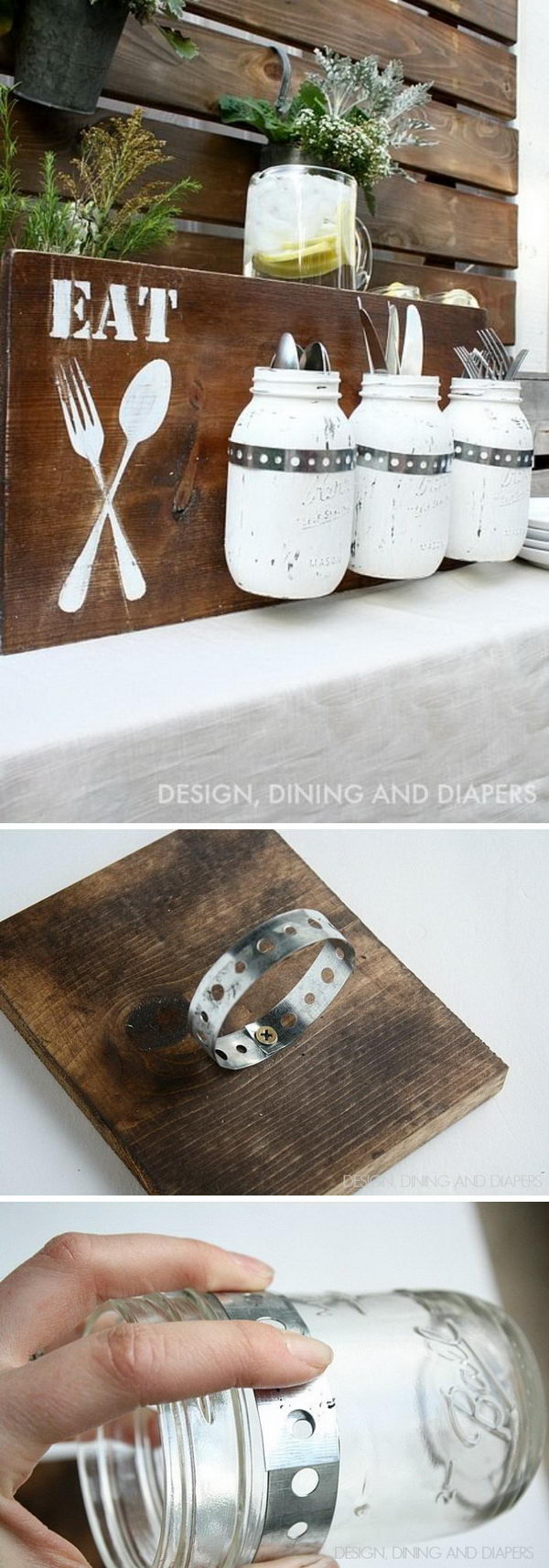 DIY Silverware Holder Using Mason Jar And Wood. 