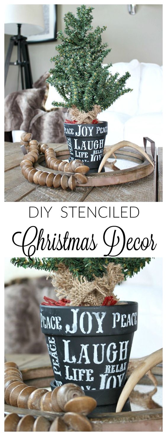 DIY Stenciled Tree Pot for Christmas Decor. 