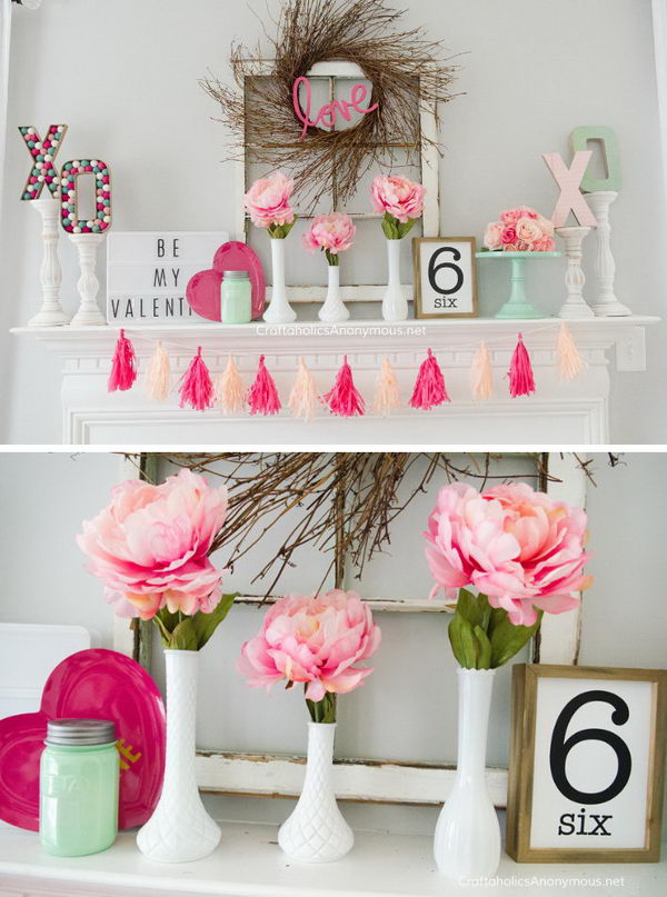 Valentines Mint + Pink Mantel Decoration. 