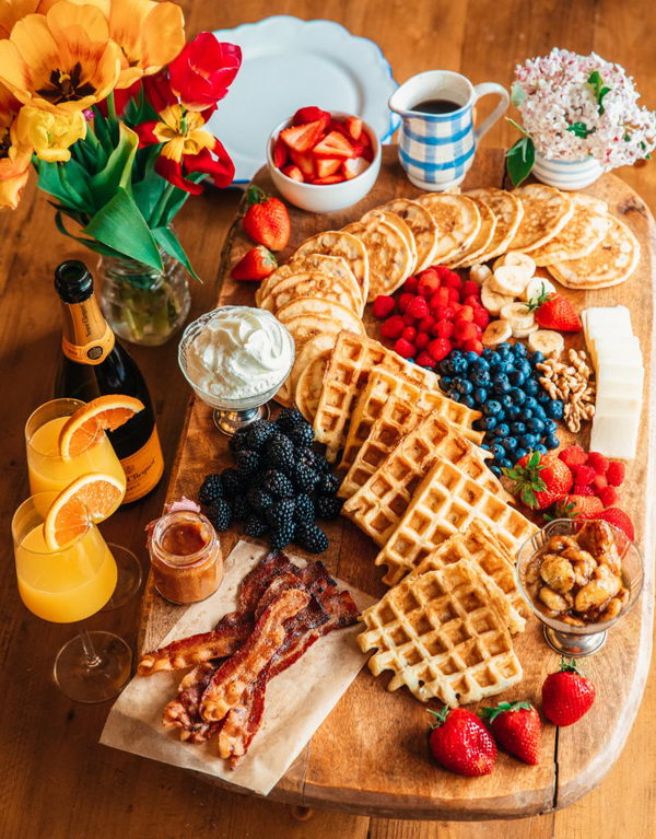 Breakfast Pancake and Waffles Charcuterie Board. 