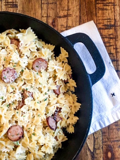 Creamy Chicken Apple Sausage Farfalle. 