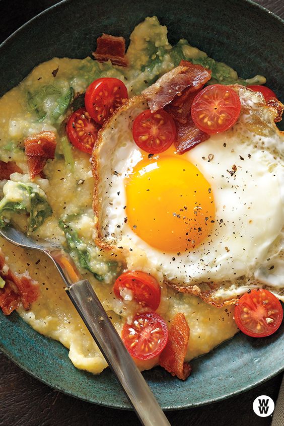 Slow-Cooker Cheese Grits & Greens with an Egg. 