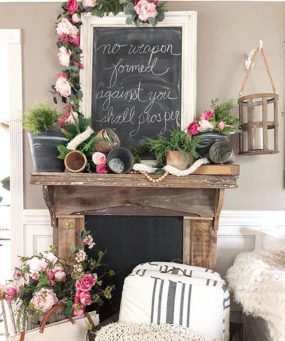 Cottage Fireplace Surround With Chalkboard. 