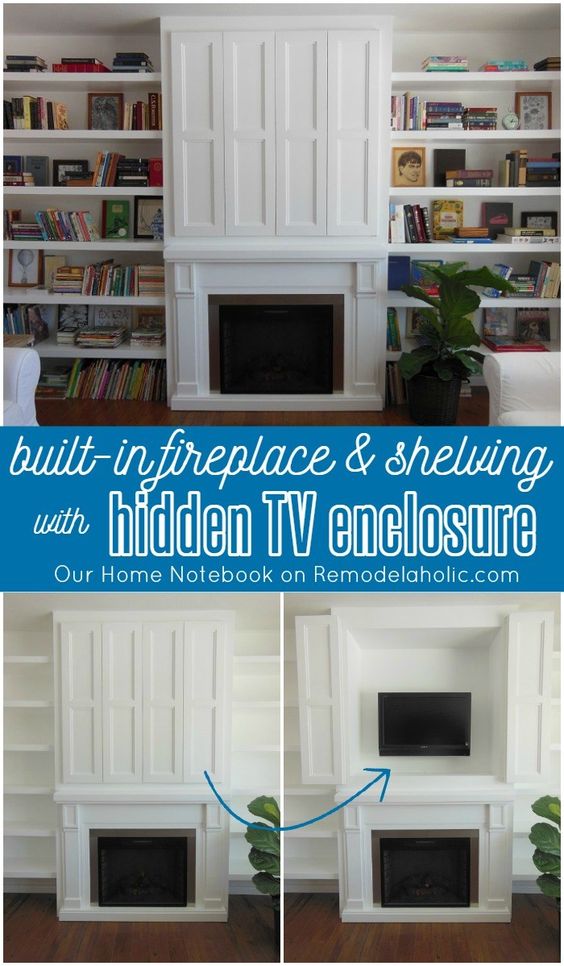 Built-In Fireplace Surround and Shelving with Hidden TV Nook. 