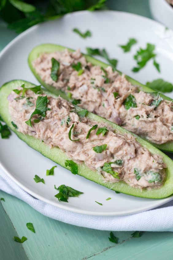 Tuna Salad Stuffed Cucumber Boats. 