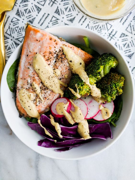 Rainbow Salmon Bowls with Tangy Tahini Drizzle. 