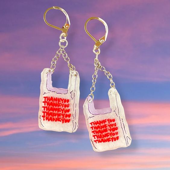 Grocery Bag Shrinky Dink Earrings. 