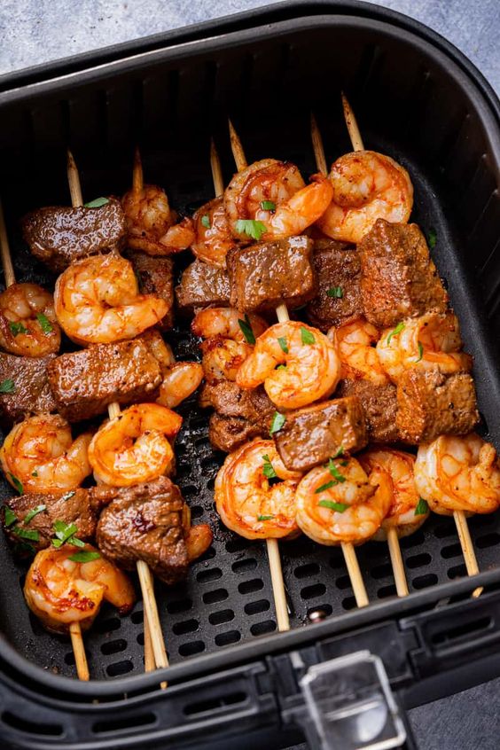 Steak And Shrimp Kabobs In Air Fryer Recipe. 